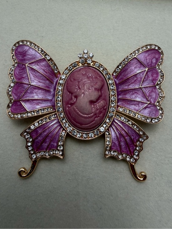 Source Unknown Jewelry - Purple Butterfly Cameo Brooch with Crystal Accents